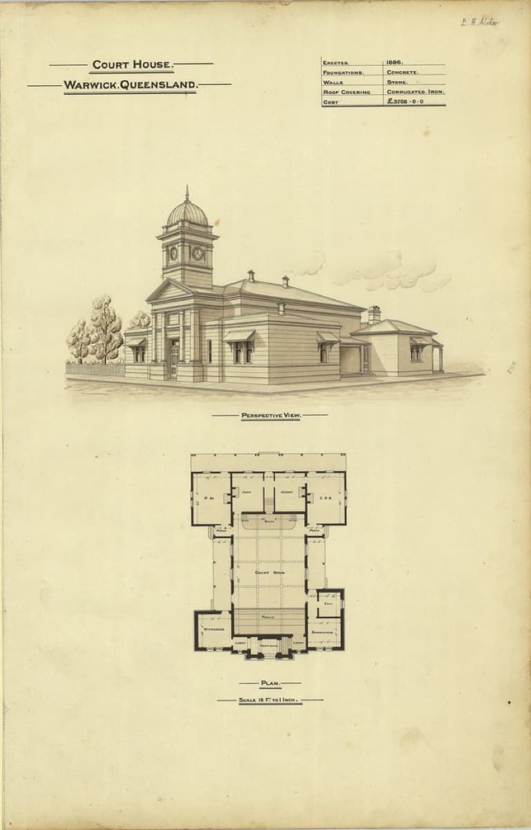 An 1888 architectural elevation of a courthouse facade, in ink on aged paper
