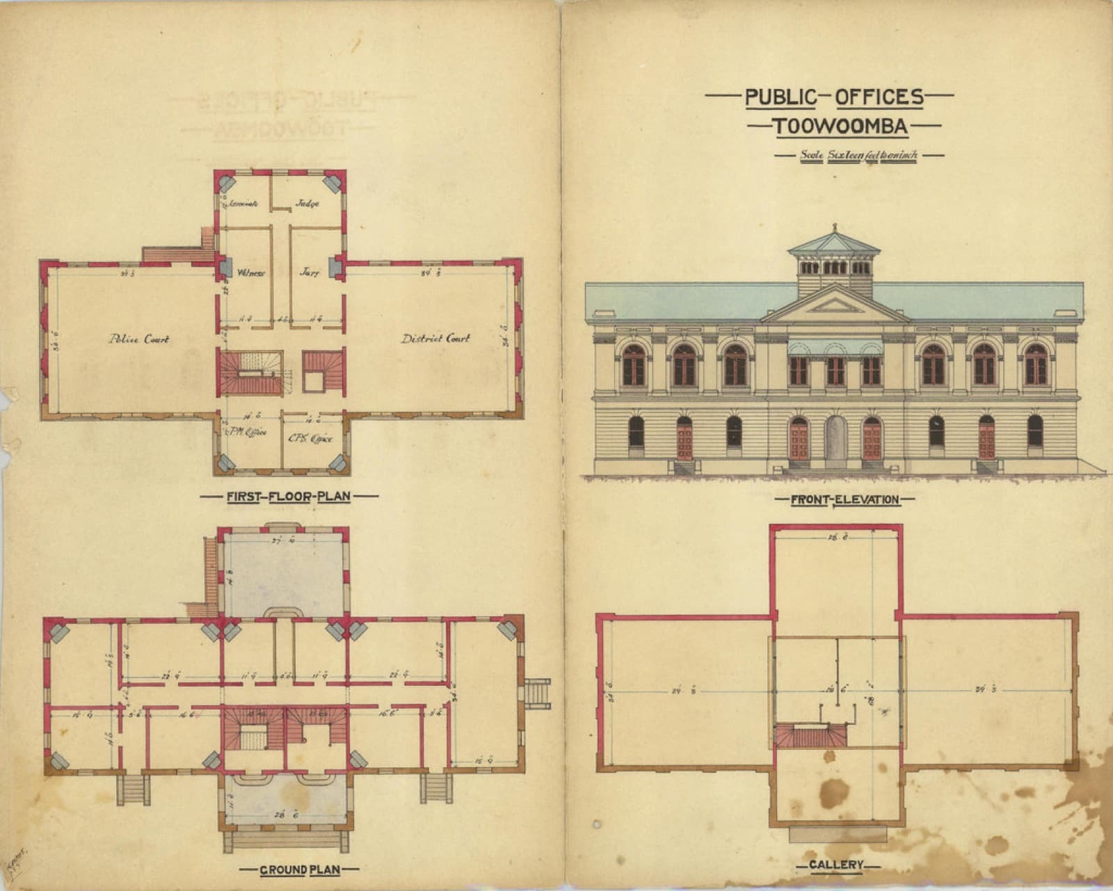 An 1888 architectural drawing of a courthouse with rooms labelled: petty sessions, district court, judge's room, jury room and witness room